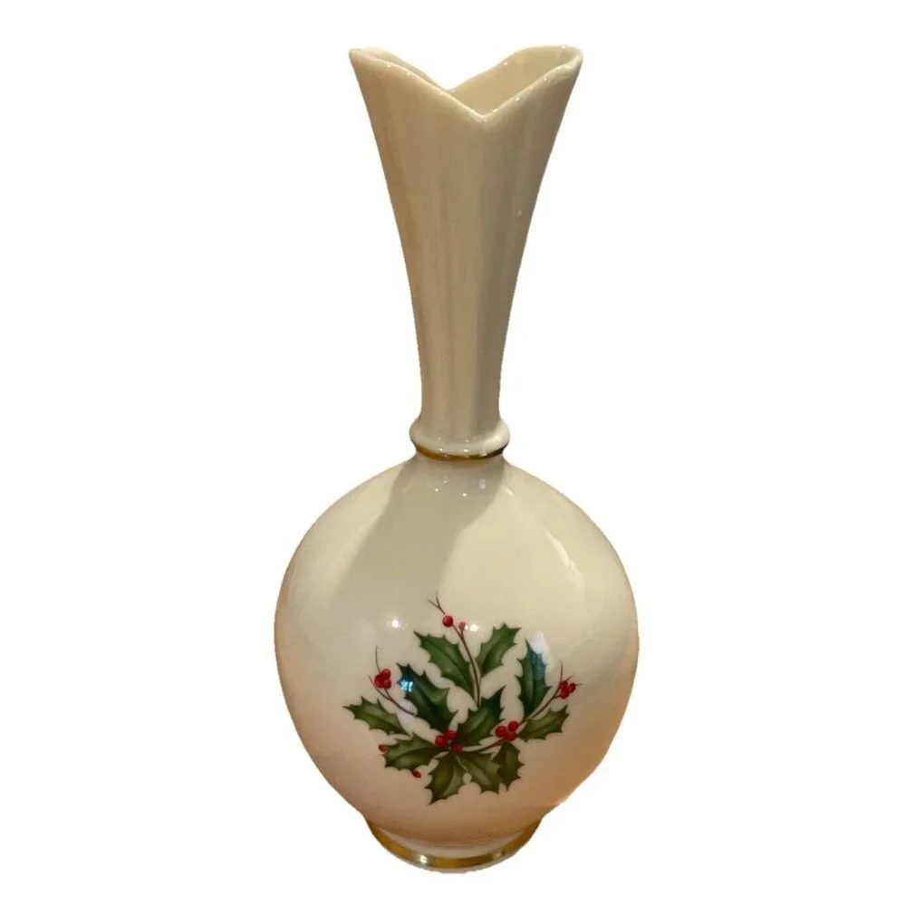 Lenox Holiday Holly Berry Fluted Top Bud Vase Gold Trim USA 8 Inch Oval‎ Serving